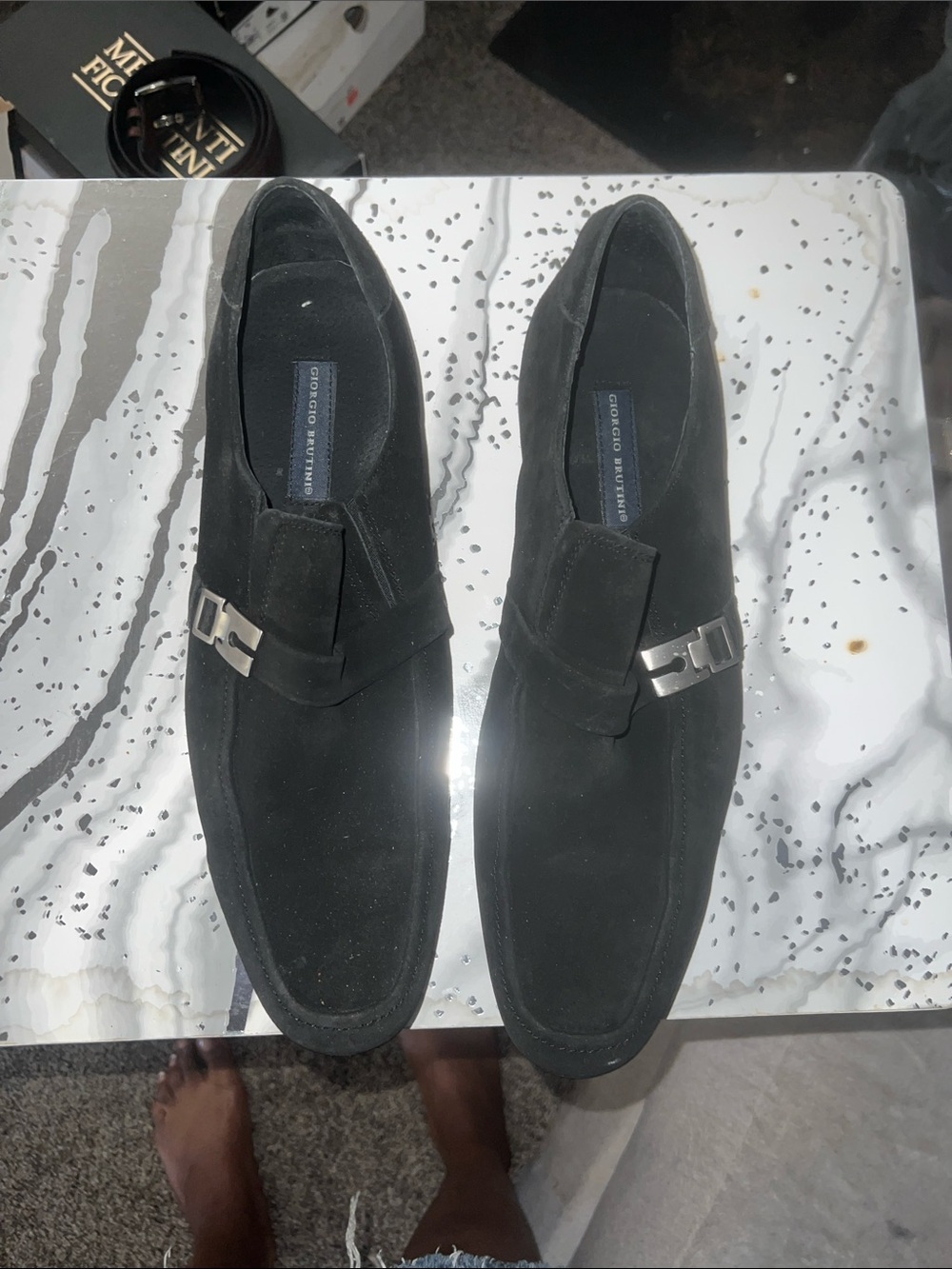 Giorgio Brutini Black Suede Slip-On Loafers with Silver Buckle